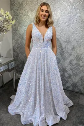 A Line Glitter V-neck Long Prom Dress, Sparkly Graduation Gown With Pockets GP234