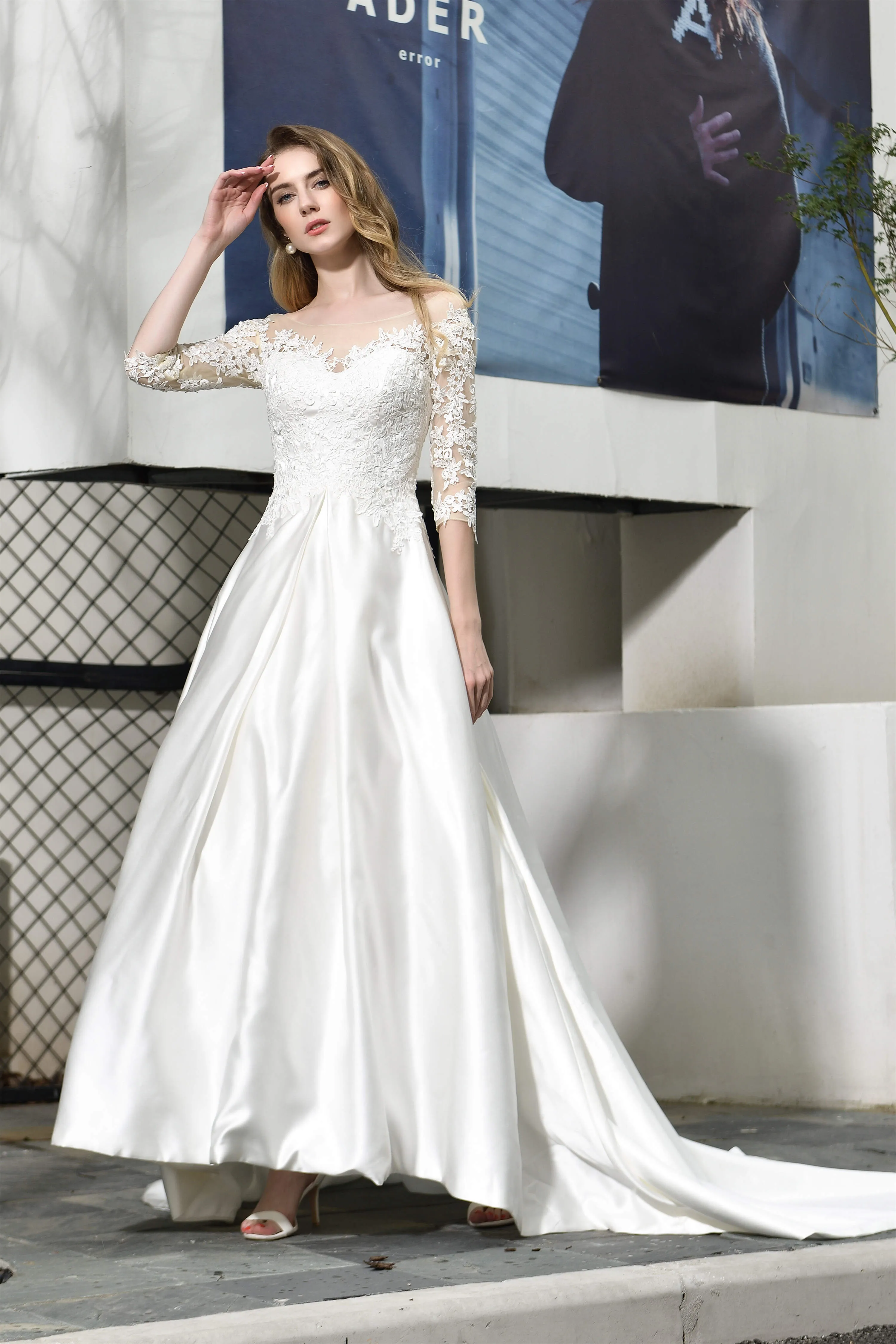 A-Line Satin Lace 3/4 Sleeves Ankle Length Wedding Dresses