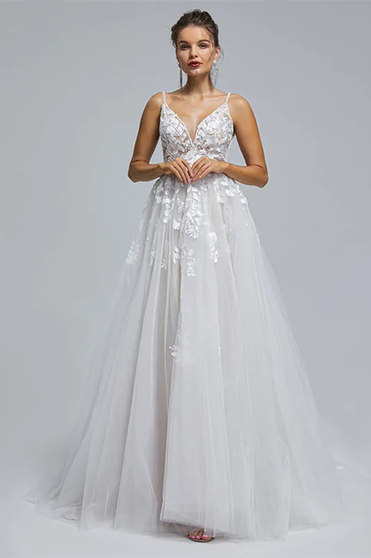 A-Line Tulle V-Neck Lace Beaded Flower Wedding Dresses