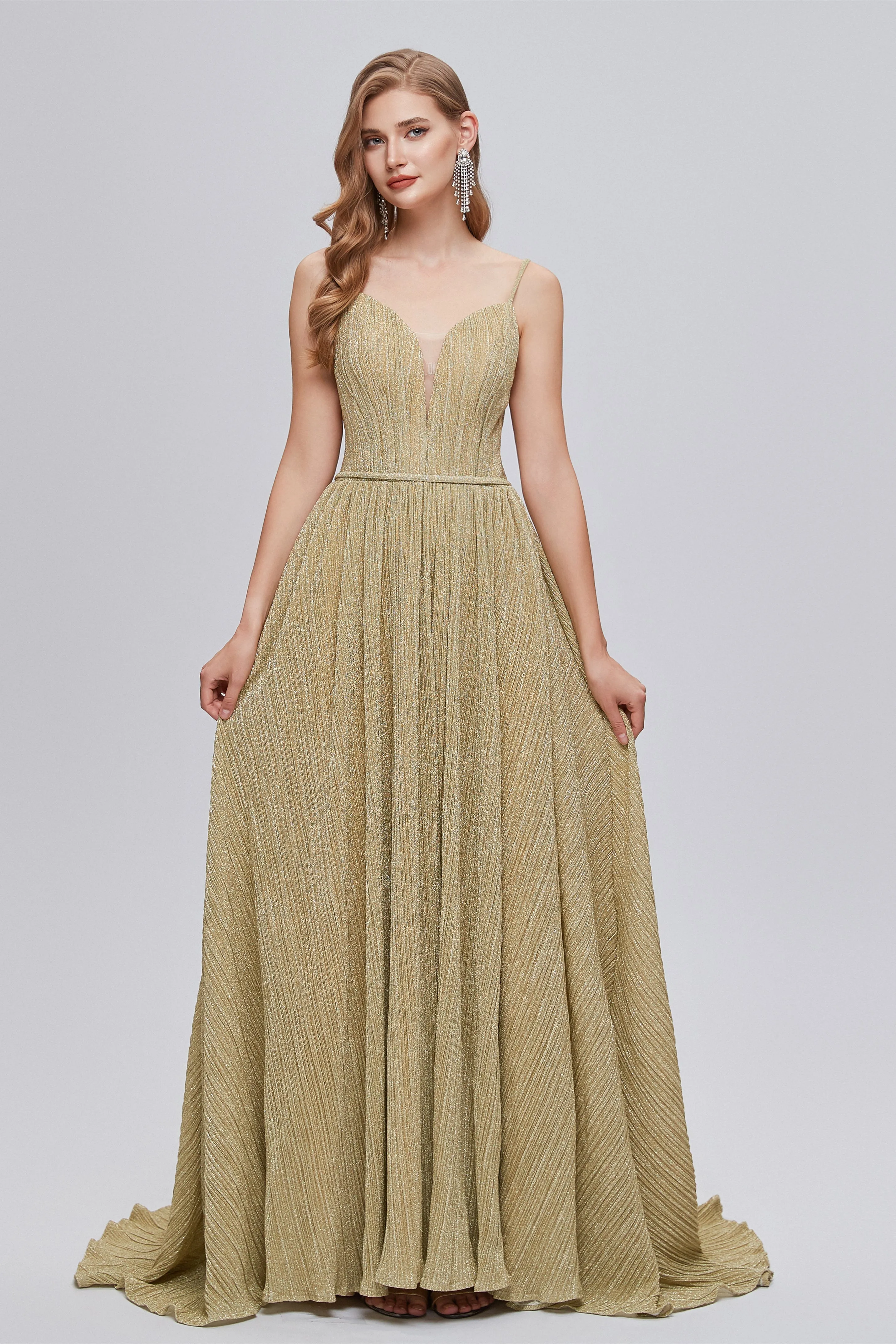 A-Line V-Neck Polyester With Train Sash Formal Party Dresses