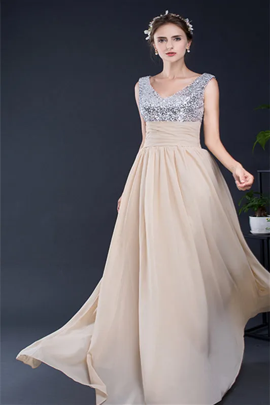 A Line V-Neck Sleeveless Sequins Chiffon Floor Length Prom Dresses