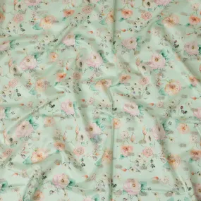 Aqua Green Viscose Blended Fabric with Peach and White Floral Embroidery, 110 cm Width-D20443