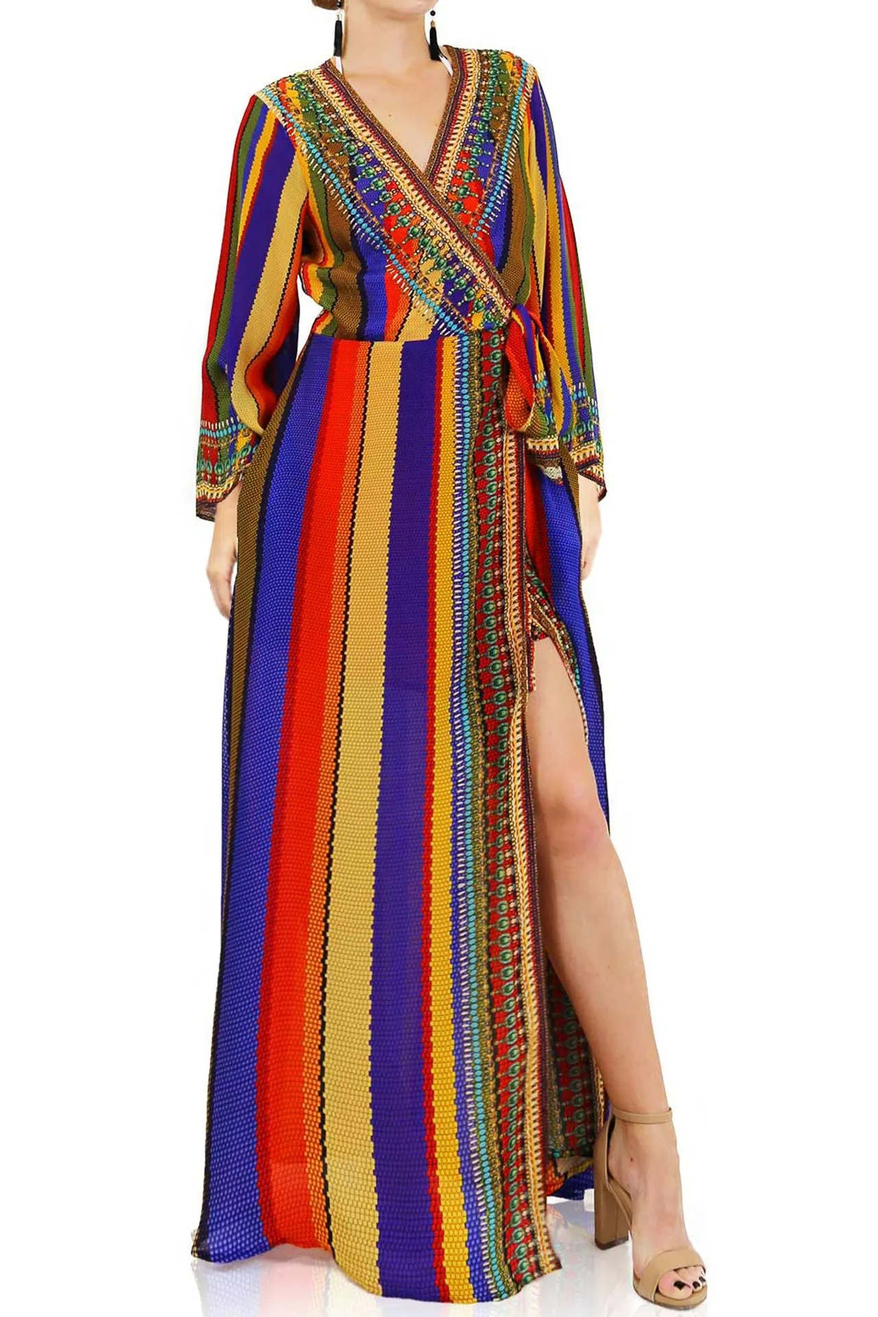 As Seen on Kyle Richards Rainbow Stripe Print Wrap Dress