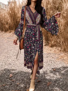 Autumn Floral Faux Wrap Bell Sleeve Waist Tie Midi Dress