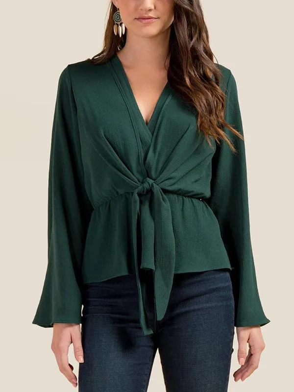 Bandage Solid Ruffled Shirt Top