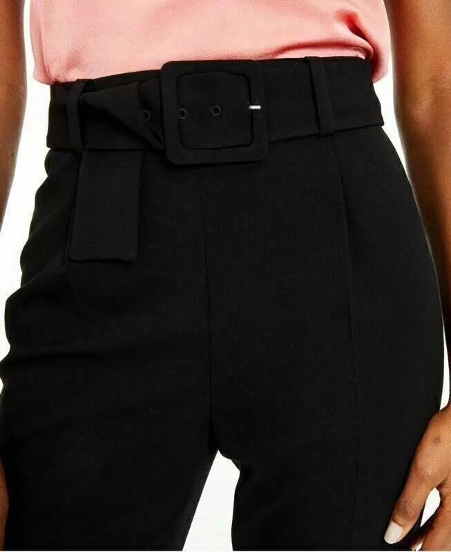 Bar III Women's Black Belted Side Zip Cropped Pleated Ankle Pants Size 4