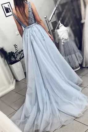 Beautiful Beaded Powder Blue A-line V-neck Plunging Neck Sweep Train Prom Dress, SP497