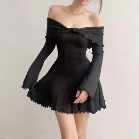 Black Autumn Strapless Off Shoulder Long Sleeves Knitting Mini Club Party A-Line Dress