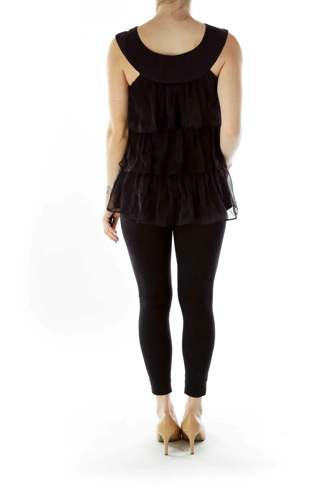 Black Beaded Ruffled Silk Top