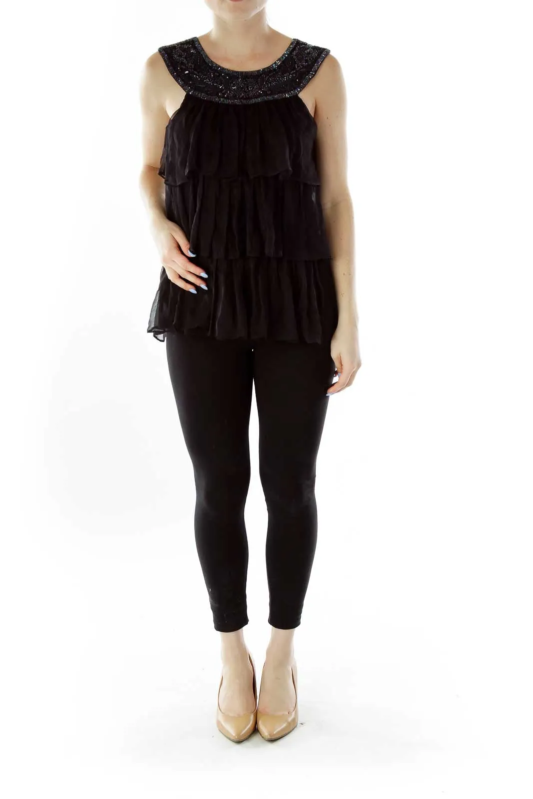 Black Beaded Ruffled Silk Top