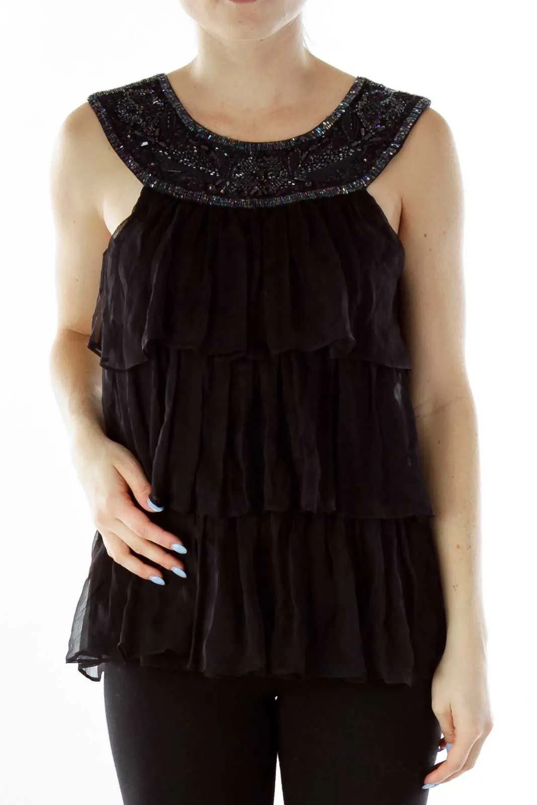 Black Beaded Ruffled Silk Top