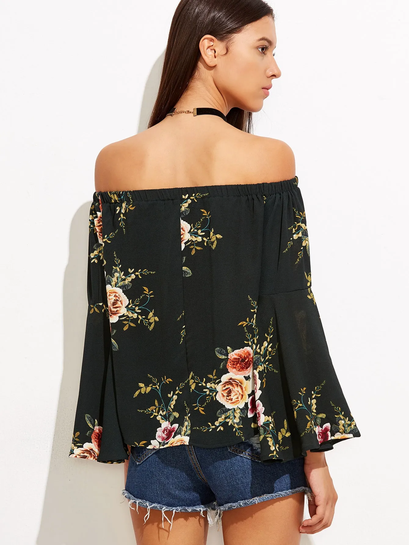 Black Floral Print Off Shoulder Top