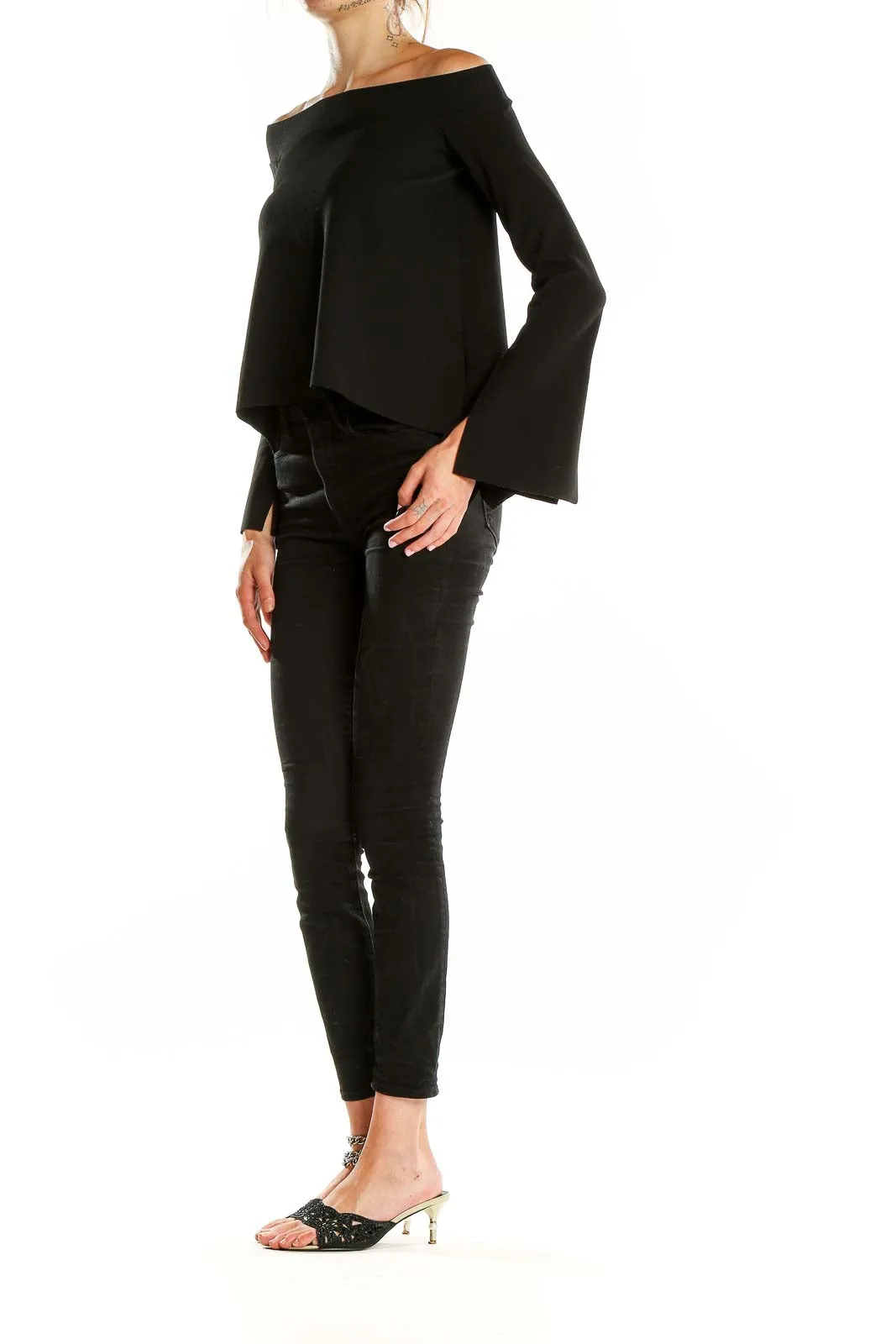 Black Off-Shoulder Bell Sleeve Top