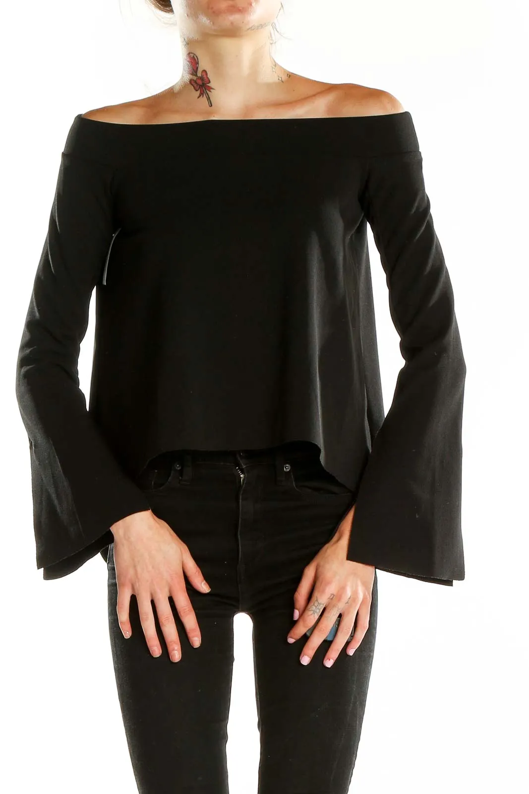 Black Off-Shoulder Bell Sleeve Top