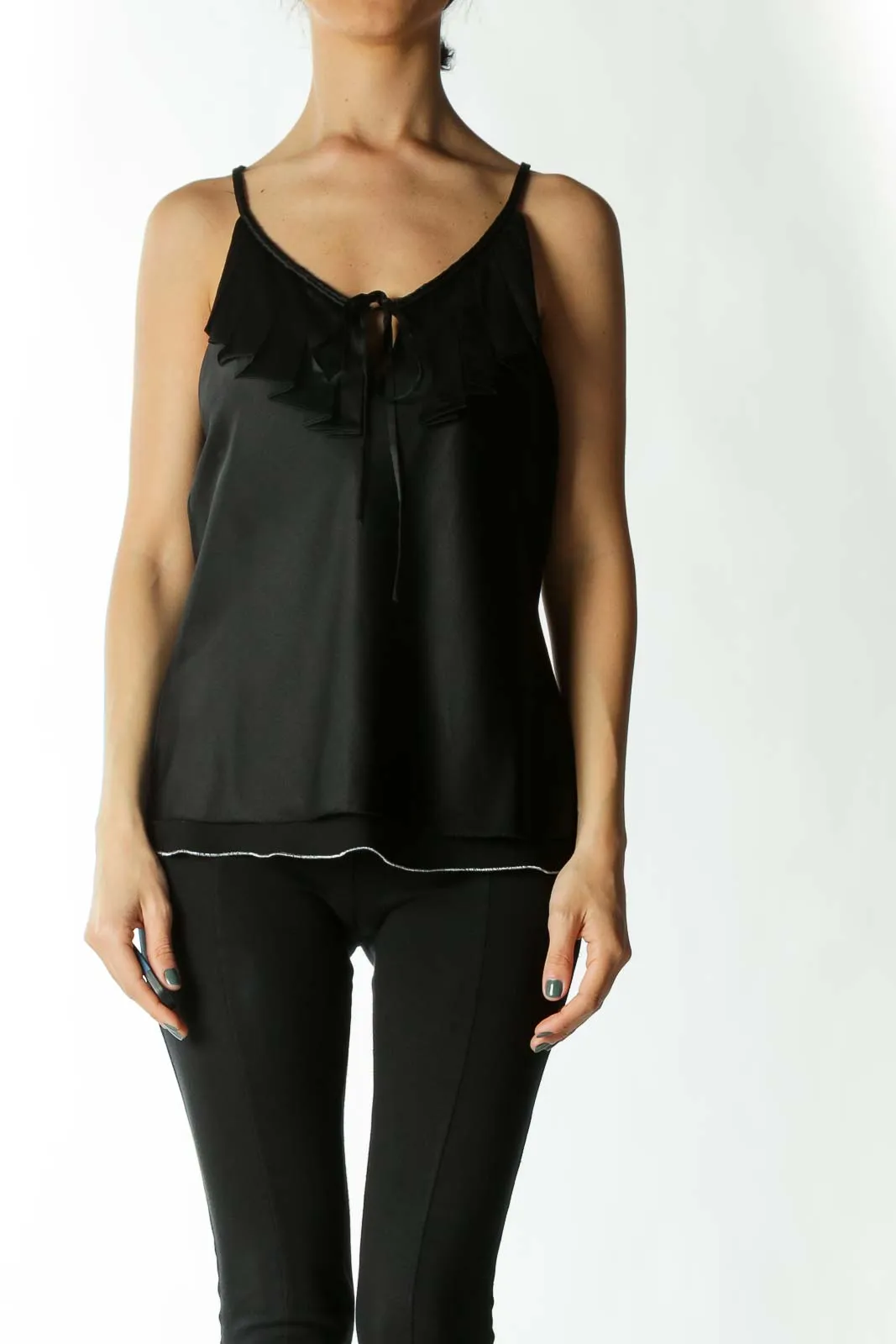 Black Spaghetti Strap Blouse with Ruffled Detail