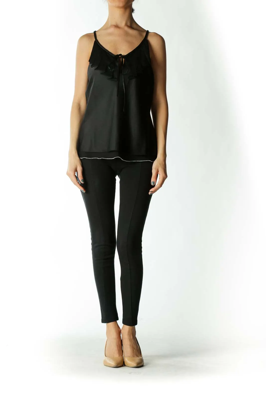 Black Spaghetti Strap Blouse with Ruffled Detail