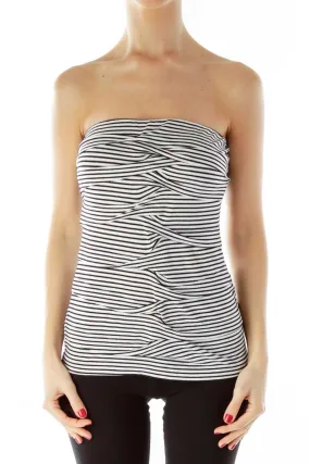 Black White Stripped Strapless Ruffled Top