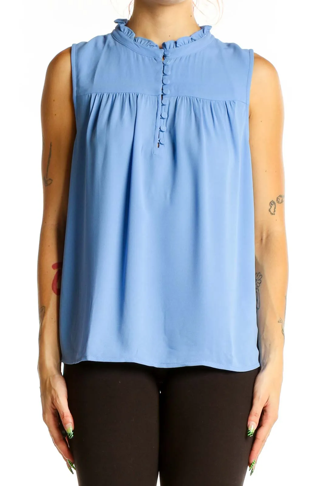 Blue Sleeveless Ruffled Neck Blouse