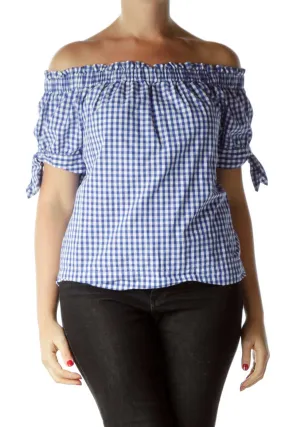 Blue White Off-Shoulder Checkered Top