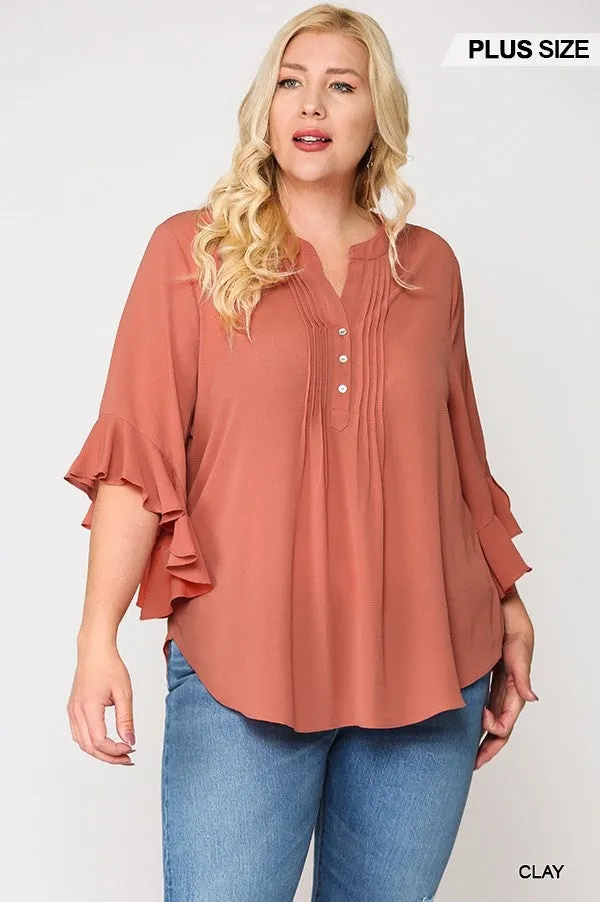 Bubble Crepe Ruffled Sleeves Pintuck Detail Top