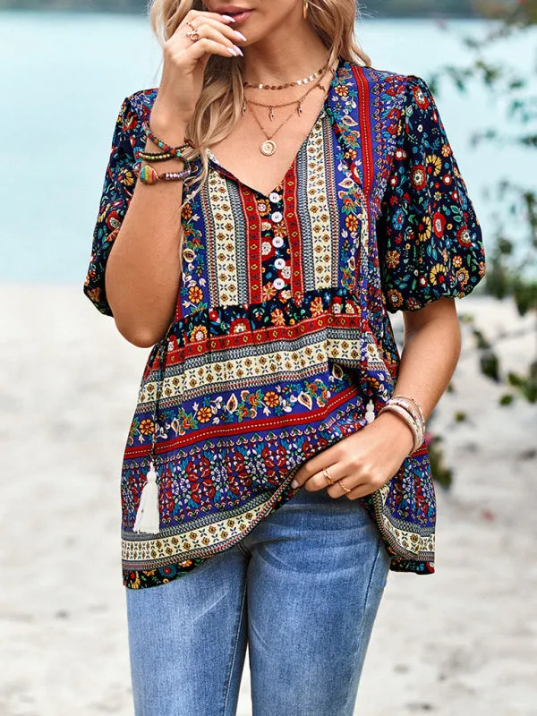 Chic Boho Print Blouse - Peplum Silhouette & Tassel Drawstring Top