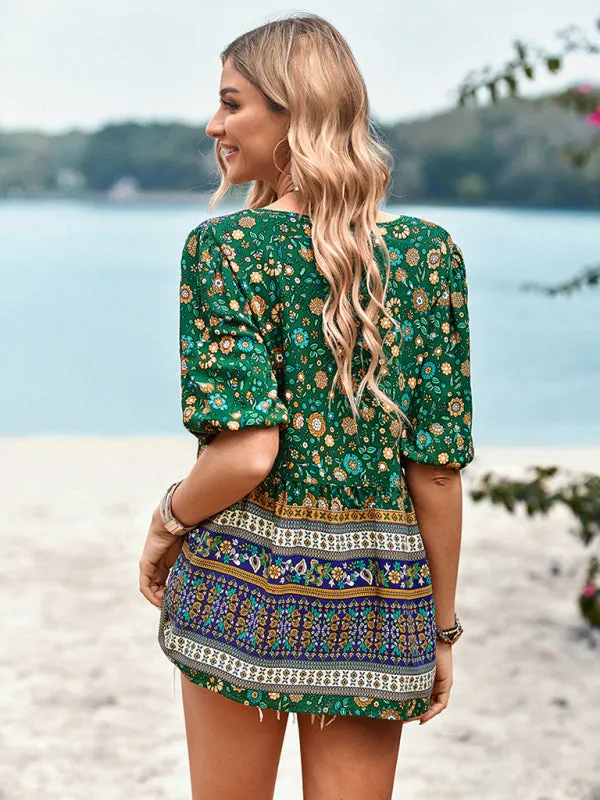 Chic Boho Print Blouse - Peplum Silhouette & Tassel Drawstring Top