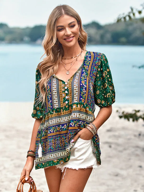 Chic Boho Print Blouse - Peplum Silhouette & Tassel Drawstring Top