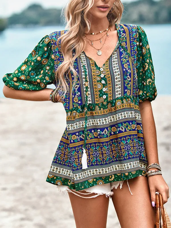 Chic Boho Print Blouse - Peplum Silhouette & Tassel Drawstring Top