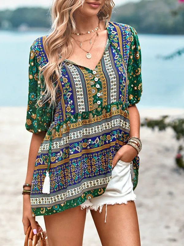 Chic Boho Print Blouse - Peplum Silhouette & Tassel Drawstring Top