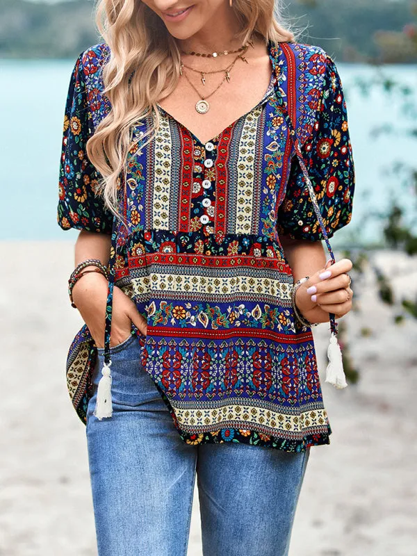 Chic Boho Print Blouse - Peplum Silhouette & Tassel Drawstring Top