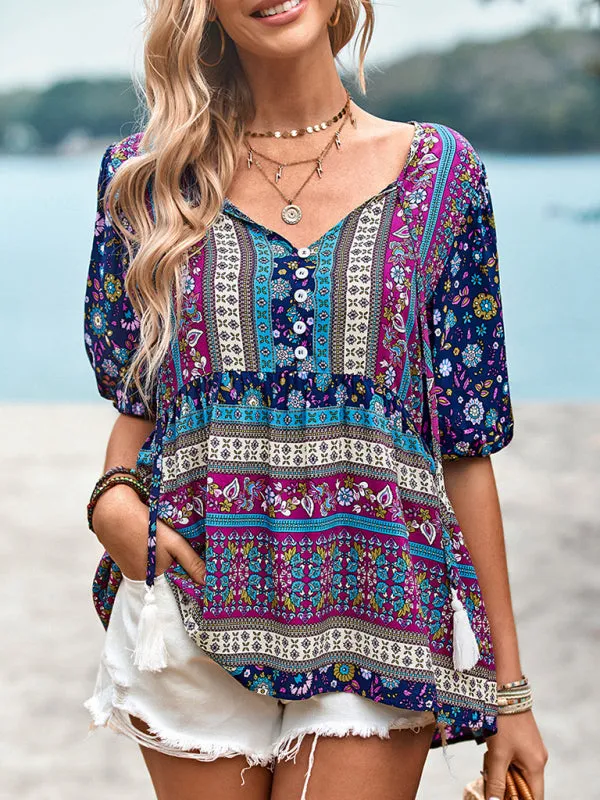 Chic Boho Print Blouse - Peplum Silhouette & Tassel Drawstring Top