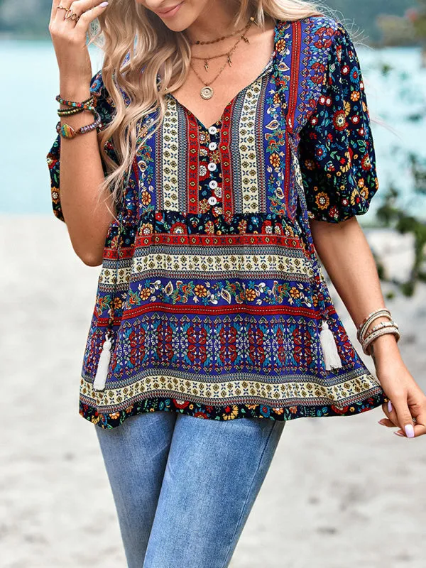 Chic Boho Print Blouse - Peplum Silhouette & Tassel Drawstring Top