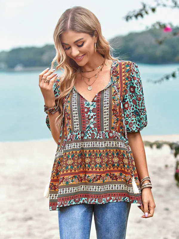 Chic Boho Print Blouse - Peplum Silhouette & Tassel Drawstring Top