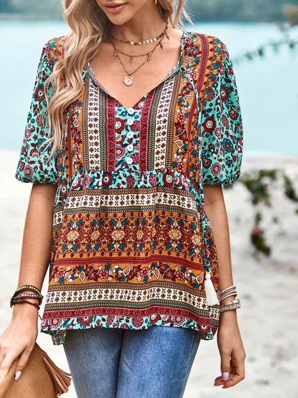 Chic Boho Print Blouse - Peplum Silhouette & Tassel Drawstring Top