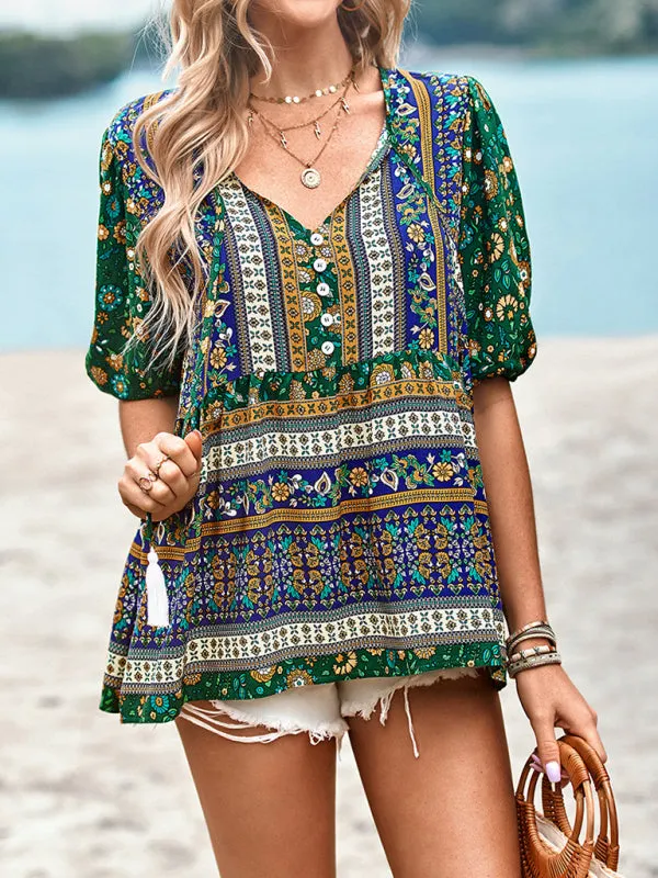 Chic Boho Print Blouse - Peplum Silhouette & Tassel Drawstring Top