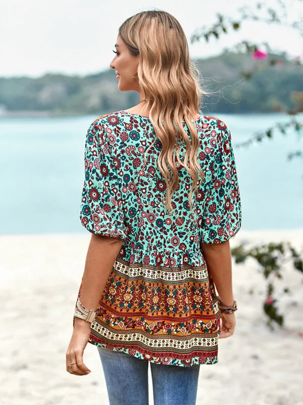 Chic Boho Print Blouse - Peplum Silhouette & Tassel Drawstring Top