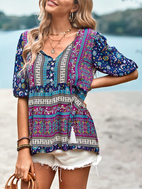 Chic Boho Print Blouse - Peplum Silhouette & Tassel Drawstring Top