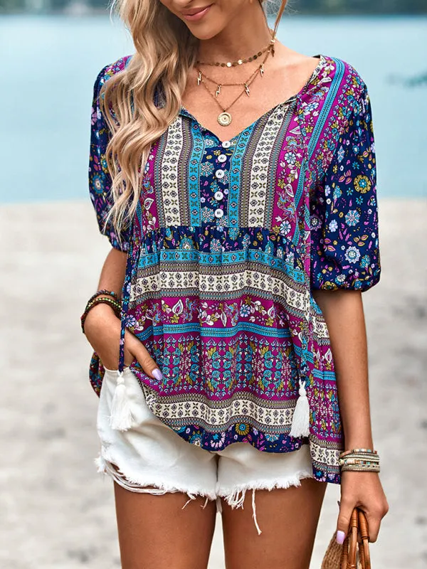 Chic Boho Print Blouse - Peplum Silhouette & Tassel Drawstring Top