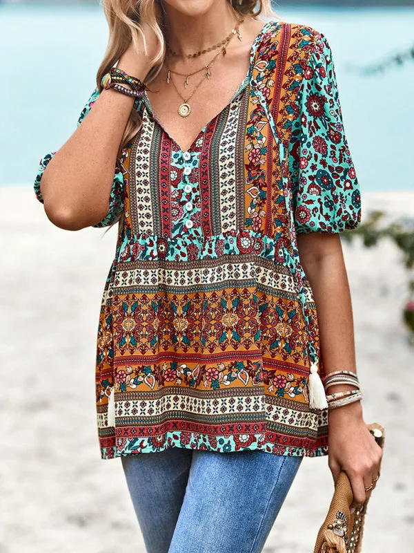 Chic Boho Print Blouse - Peplum Silhouette & Tassel Drawstring Top