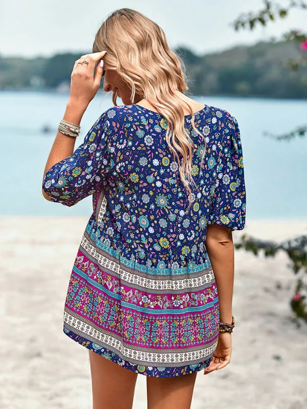 Chic Boho Print Blouse - Peplum Silhouette & Tassel Drawstring Top