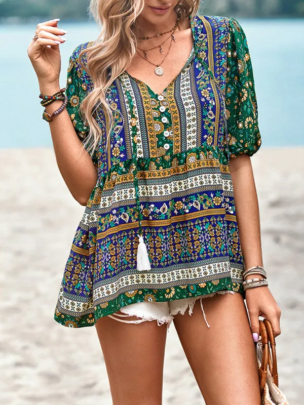 Chic Boho Print Blouse - Peplum Silhouette & Tassel Drawstring Top