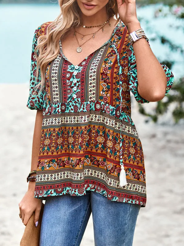 Chic Boho Print Blouse - Peplum Silhouette & Tassel Drawstring Top