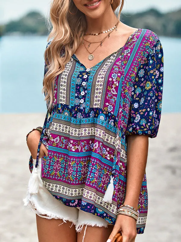 Chic Boho Print Blouse - Peplum Silhouette & Tassel Drawstring Top