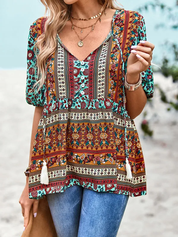 Chic Boho Print Blouse - Peplum Silhouette & Tassel Drawstring Top