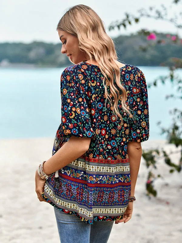 Chic Boho Print Blouse - Peplum Silhouette & Tassel Drawstring Top