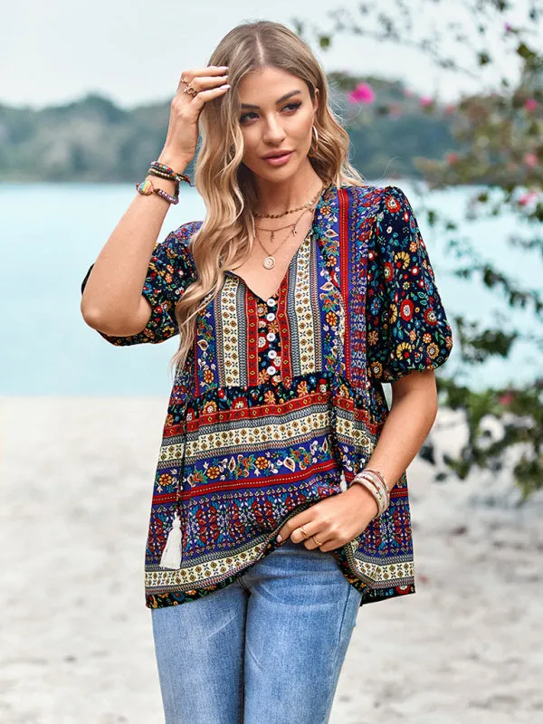 Chic Boho Print Blouse - Peplum Silhouette & Tassel Drawstring Top