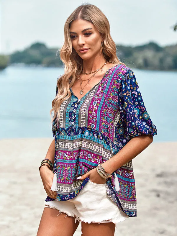 Chic Boho Print Blouse - Peplum Silhouette & Tassel Drawstring Top