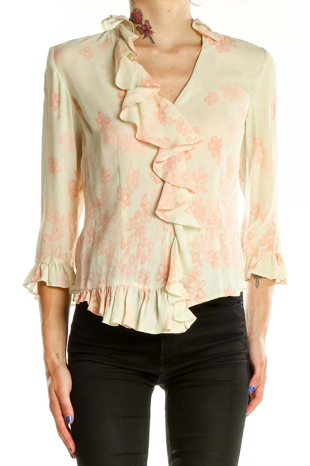 Cream Floral Ruffled Blouse