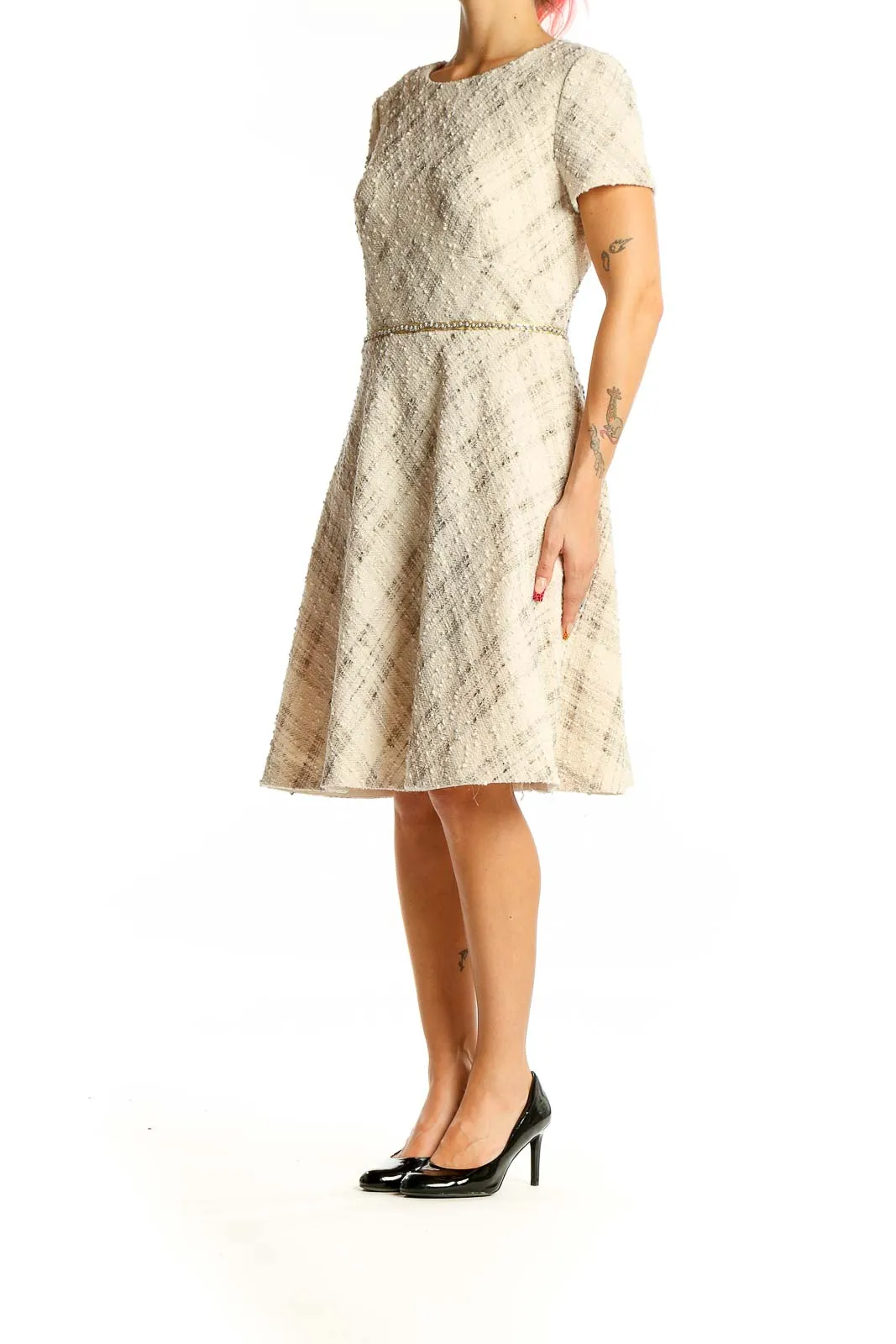 Cream Textured A-Line Cocktail Dress