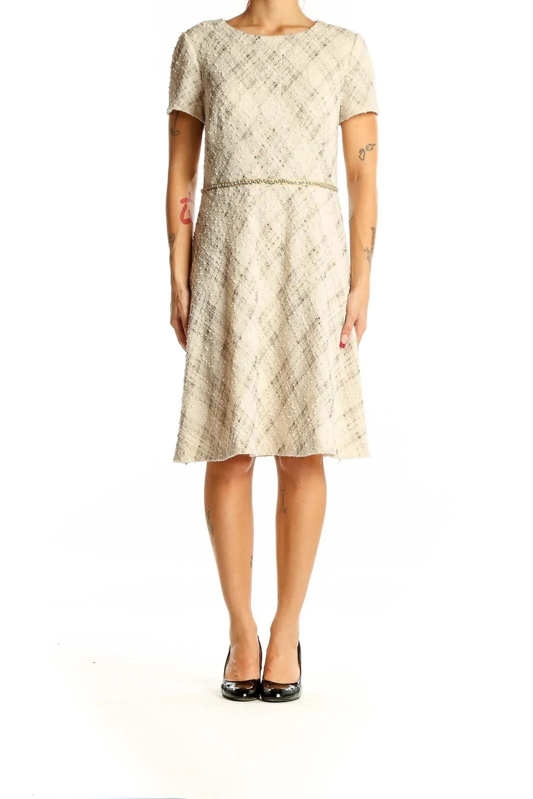 Cream Textured A-Line Cocktail Dress